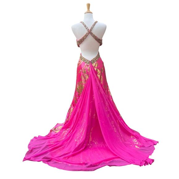 Mac Duggal Cassandra Stone Prom Dress Gown Hot Pink Gold Beaded Metallic Formal - Picture 5 of 16